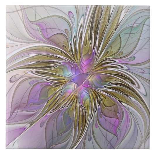 Floral kleurrijk Abstract fractal met roze en goud Tegeltje (Voorkant)