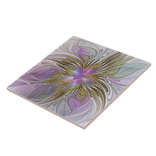 Floral kleurrijk Abstract fractal met roze en goud Tegeltje (Zijkant)