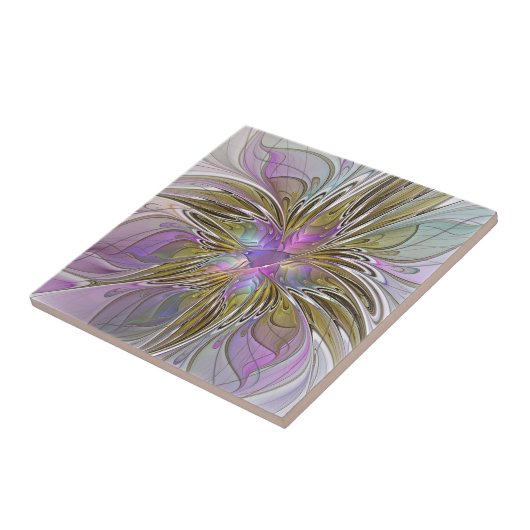 Floral kleurrijk Abstract fractal met roze en goud Tegeltje (Zijkant)
