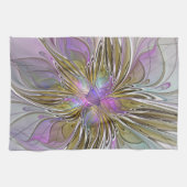 Floral kleurrijk Abstract fractal met roze en goud Theedoek (Horizontaal)