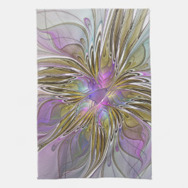 Floral kleurrijk Abstract fractal met roze en goud Theedoek