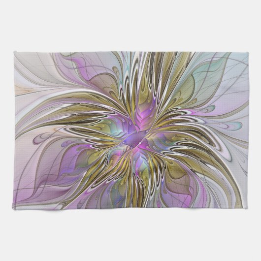 Floral kleurrijk Abstract fractal met roze en goud Theedoek (Horizontaal)