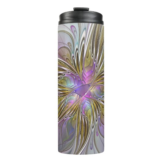 Floral kleurrijk Abstract fractal met roze en goud Thermosbeker (Voorkant)
