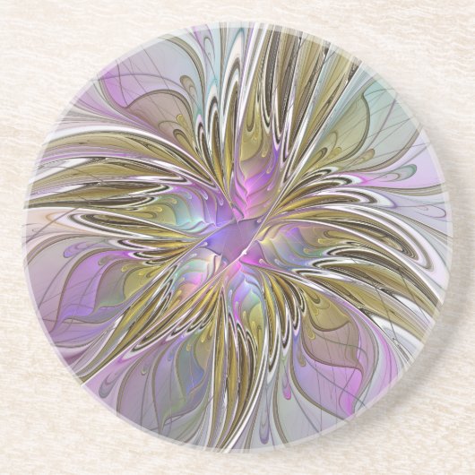 Floral kleurrijk Abstract fractal met roze en goud Zandsteen Onderzetter (Voorkant)