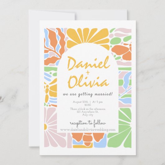 Floral Kleurrijke Retro Botanische Lijst bruiloft Kaart (Voorkant)