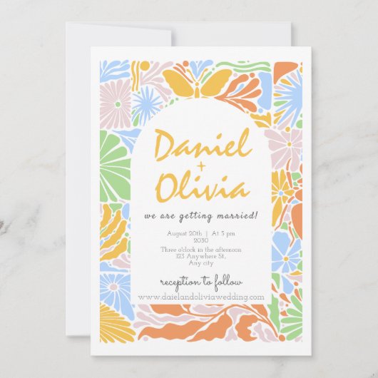 Floral Kleurrijke Retro Lijst bruiloft Kaart (Voorkant)