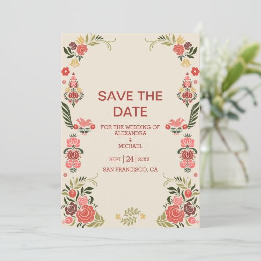 Floral kleurrijke volksmirbruiloft save the date (Staand voorkant)