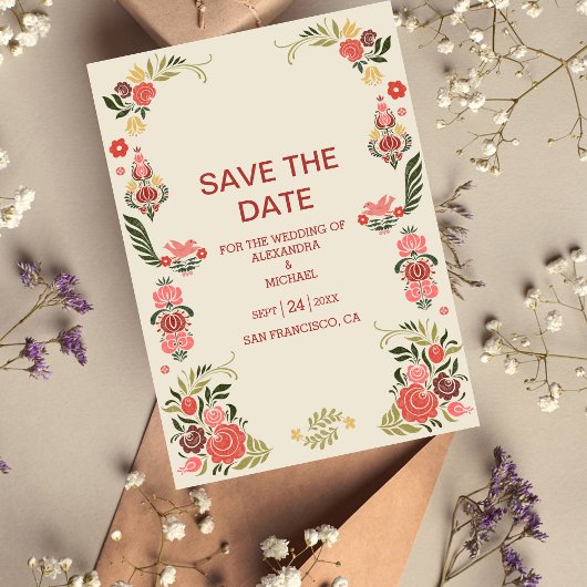 Floral kleurrijke volksmirbruiloft save the date