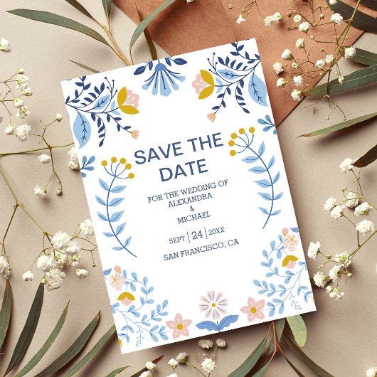 Floral kleurrijke volksmirbruiloft save the date