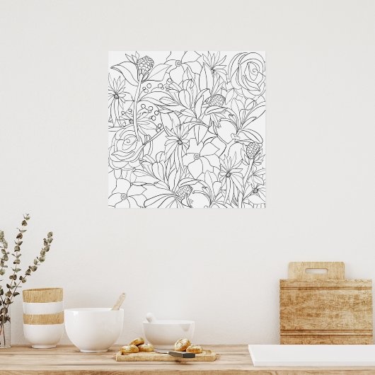 Floral kleurt zwarte witte tuin poster (Keuken)