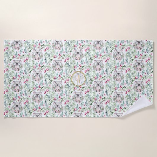 Floral KOALA BEER Monogram Girls Bedroom Nursery Strandlaken (Voorkant)