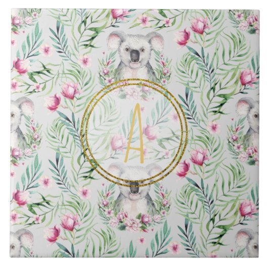 Floral KOALA BEER Monogram Girls Bedroom Nursery Tegeltje (Voorkant)