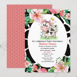 Floral Koe Print Girls Birthday Party Invitation Kaart