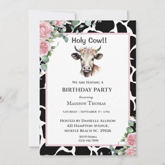 Floral Koe Print Girls Birthday Party Invitation Kaart (Voorkant)