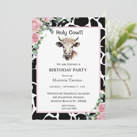 Floral Koe Print Girls Birthday Party Invitation Kaart (Staand voorkant)