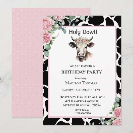 Floral Koe Print Girls Birthday Party Invitation Kaart (Voorkant / Achterkant)