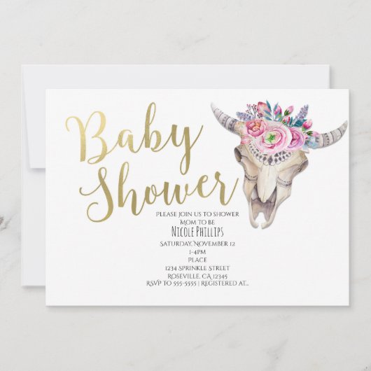 Floral Koe Skull Gold Boho Baby shower Uitnodiging (Voorkant)
