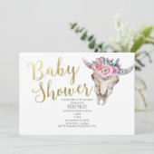 Floral Koe Skull Gold Boho Baby shower Uitnodiging (Staand voorkant)