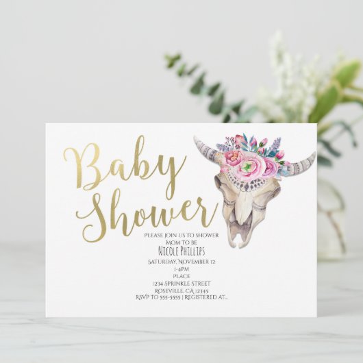Floral Koe Skull Gold Boho Baby shower Uitnodiging (Staand voorkant)