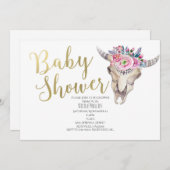 Floral Koe Skull Gold Boho Baby shower Uitnodiging (Voorkant / Achterkant)