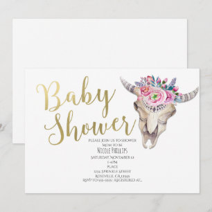 Floral Koe Skull Gold Boho Baby shower Uitnodiging