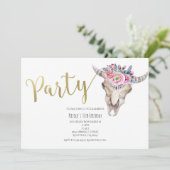 Floral Koe Skull Gold Boho PARTY Invitation Kaart (Staand voorkant)