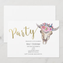 Floral Koe Skull Gold Boho PARTY Invitation