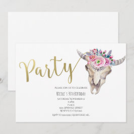 Floral Koe Skull Gold Boho PARTY Invitation Kaart