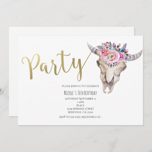 Floral Koe Skull Gold Boho PARTY Invitation Kaart (Voorkant / Achterkant)
