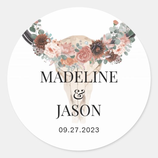 Floral Koe Skull Wedding Favor Ronde Sticker (Voorkant)