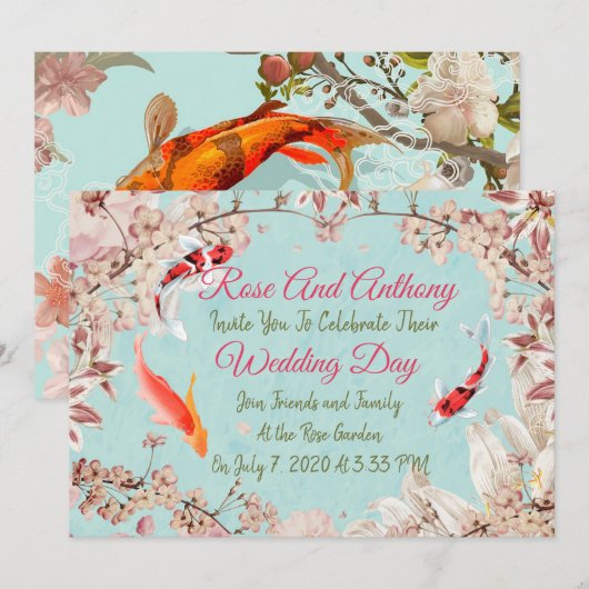Floral/Koi Huwelijksuitnodiging Kaart (Voorkant / Achterkant)