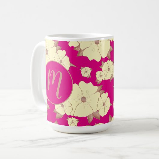 Floral koper en pastel geel op Fuchsia roze Koffiemok (Voorkant links)