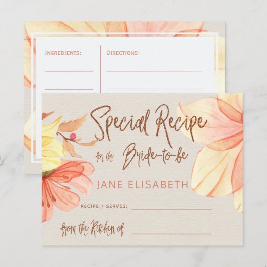 Floral koperen glitter script vrijgezellenfeest re briefkaart (Voorkant / Achterkant)