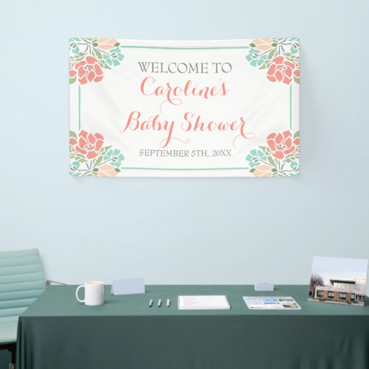 Floral Koral en Blauwgroen Baby shower Spandoek (Beurs)