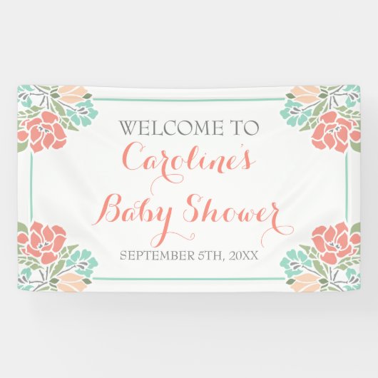 Floral Koral en Blauwgroen Baby shower Spandoek (Horizontaal)