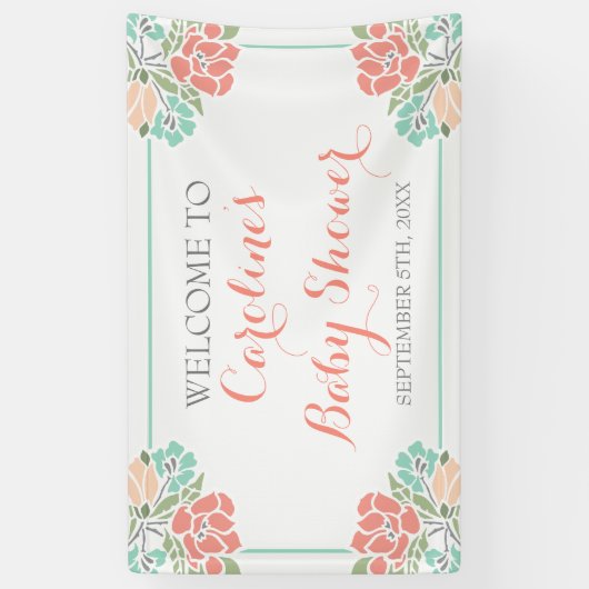 Floral Koral en Blauwgroen Baby shower Spandoek (Verticaal)