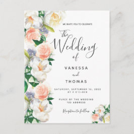 Floral koral script roos gouden bruiloft uitnodigi briefkaart
