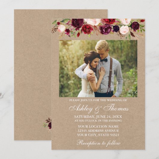Floral Kraft Foto bruiloft Burgundy Waterverf Kaart (Voorkant / Achterkant)
