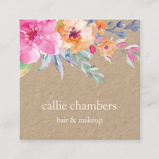 Floral Kraft, geverfde Waterverf Vierkante Visitekaartje (Voorkant)