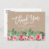 Floral Kraft Script Rustic Wedding Bedankt Aankondigingskaart (Voorkant / Achterkant)