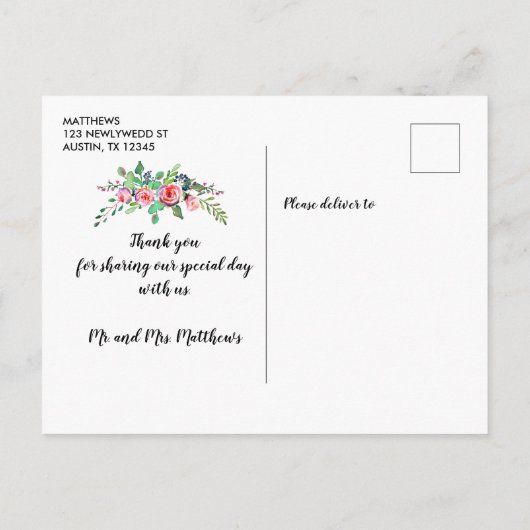 Floral Kraft Script Rustic Wedding Bedankt Aankondigingskaart (Achterkant)