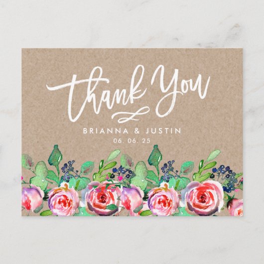 Floral Kraft Script Rustic Wedding Bedankt Aankondigingskaart (Voorkant)