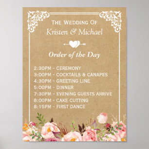 Floral Kraft Wedding Sign for Order of the Day Poster