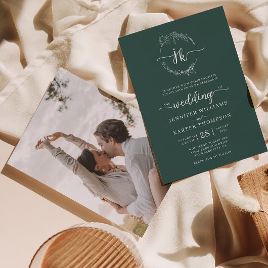 Floral krans bos groen monogram foto bruiloft kaart