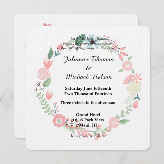 Floral krans en hart bruiloft kaart (Voorkant / Achterkant)