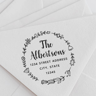 Floral krans familienaam retour adres stempel