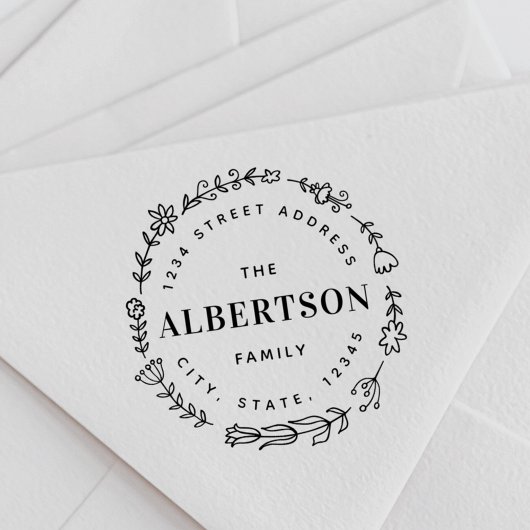 Floral krans familienaam retouradres rubberstempel
