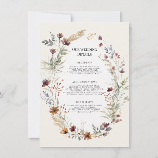 Floral krans herfst Wildflower bruiloft details Kaart (Voorkant)