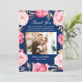 Floral krans marine blauw foto bruiloft dank u bedankkaart (Staand voorkant)