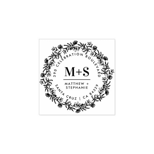 Floral krans nieuw weds Initialen retouradres Rubberstempel (Afrduk)